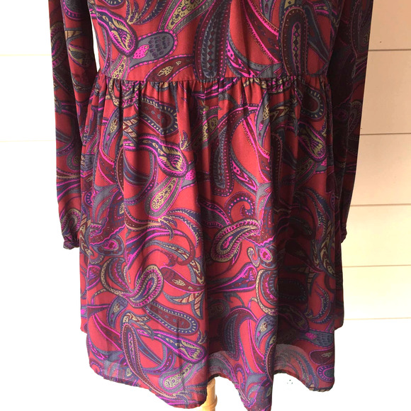Jack by BB Dakota Dress Womens Small Burgundy Mini Paisley Long Sleeve Lined - Picture 10 of 11